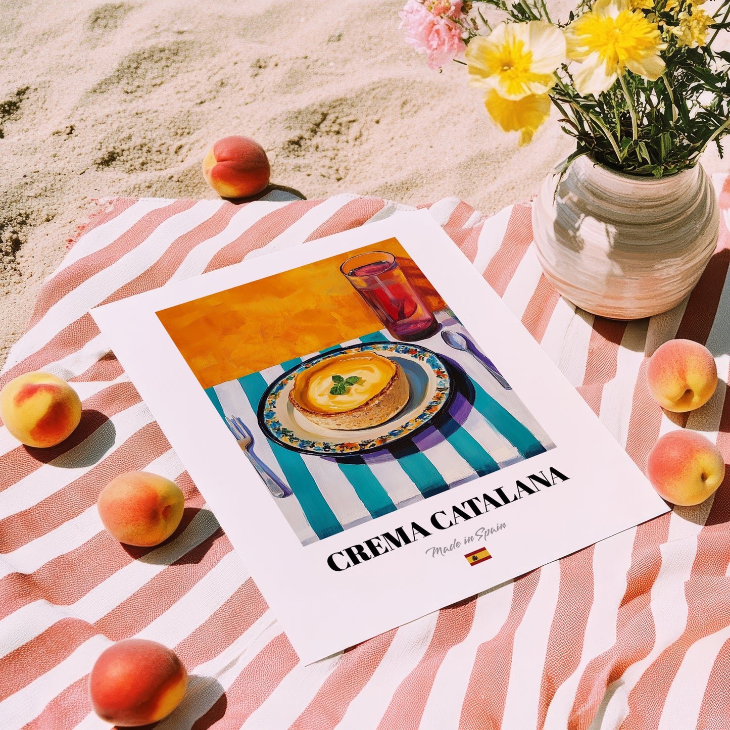 Crema Catalana – Oil Painting, Spanish Dessert Illustration, unframed on coastal sand