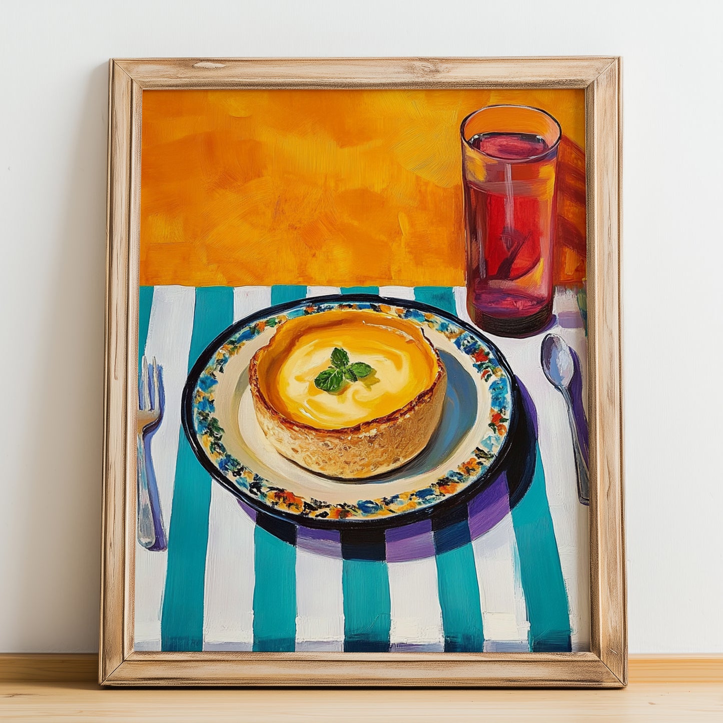 Crema Catalana – Oil Painting, Spanish Dessert Illustration, no-text version framed in wood