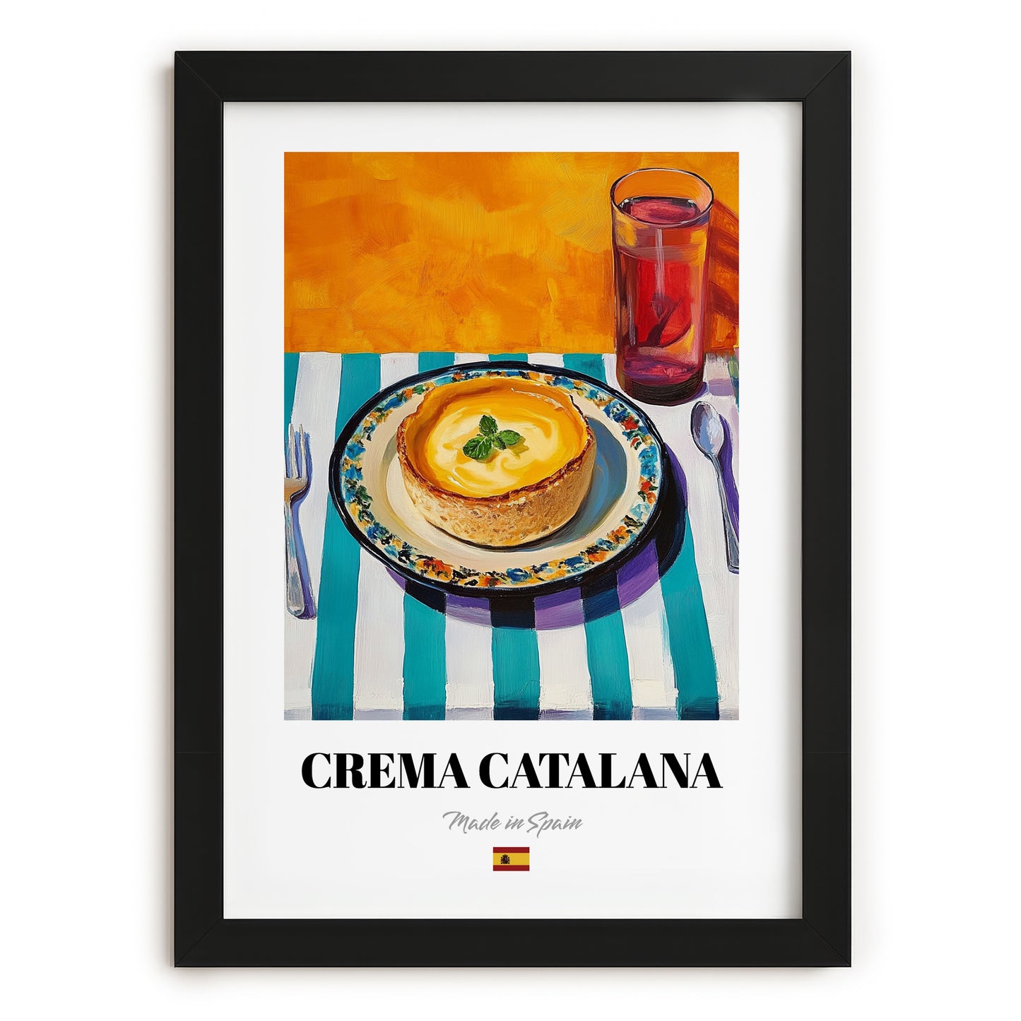 Crema Catalana – Oil Painting, Spanish Dessert Illustration, in sleek black frame