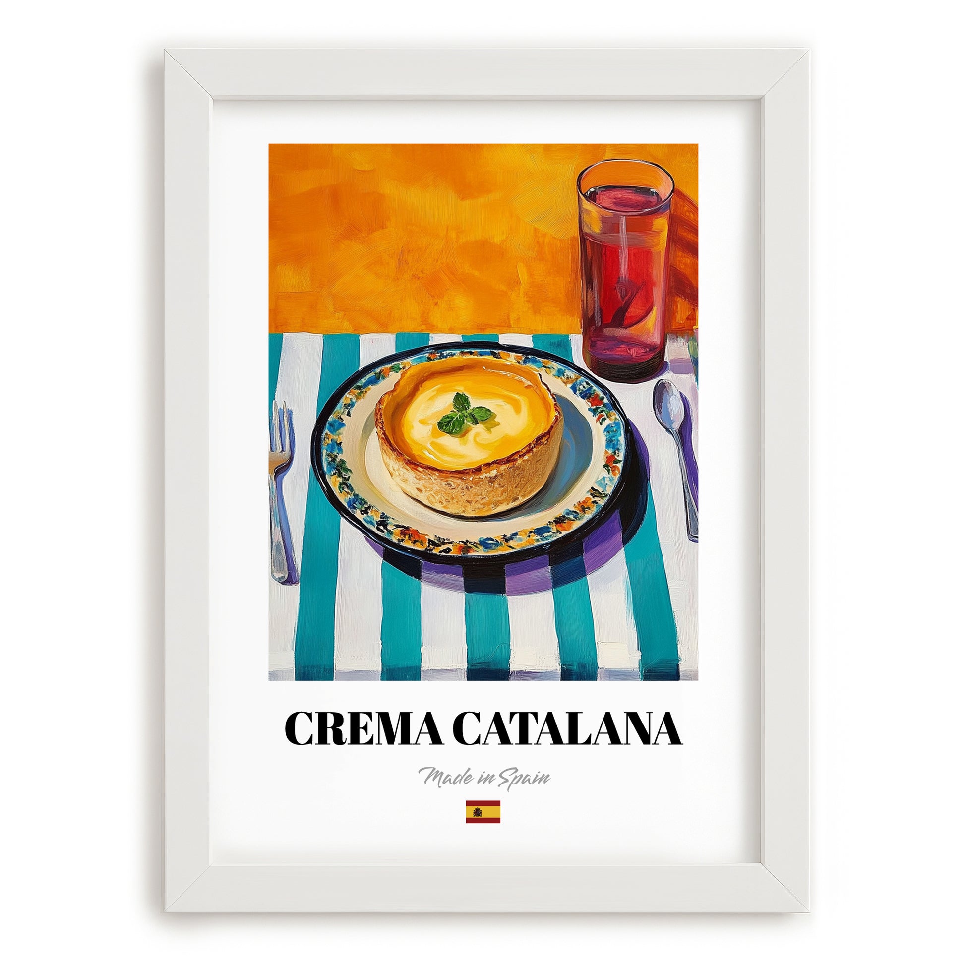 Crema Catalana – Oil Painting, Spanish Dessert Illustration, placed in minimal white frame