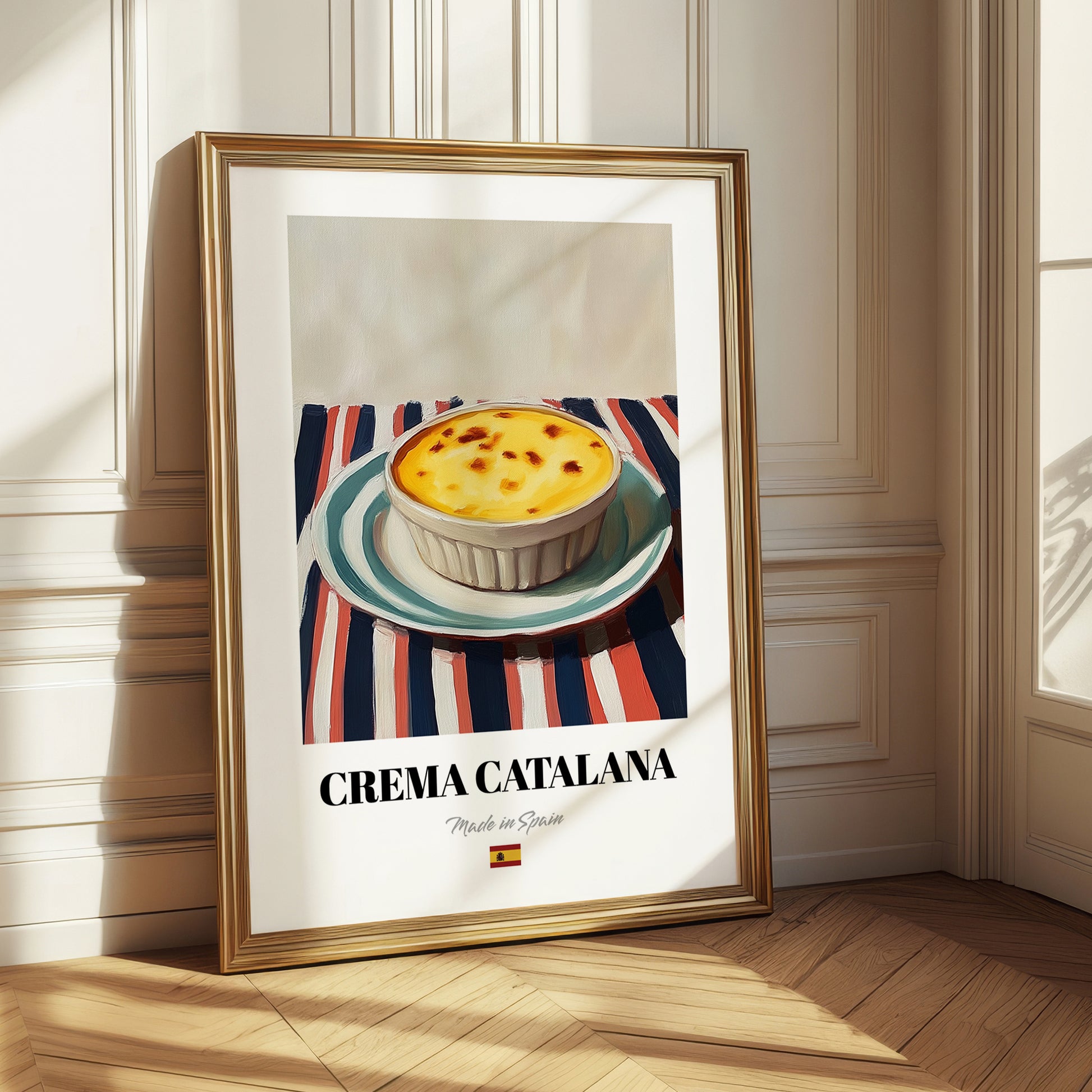 Crema Catalana – on Striped Tablecloth, Spanish Dessert Wall Art 