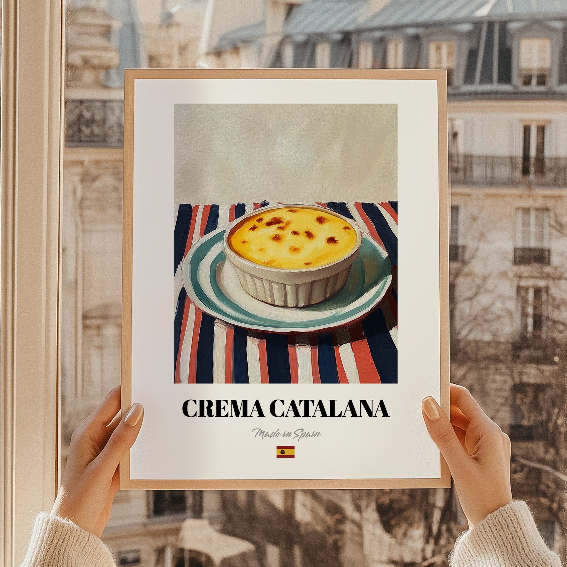 Crema Catalana – on Striped Tablecloth, Spanish Dessert Wall Art, styled in a charming Paris street view