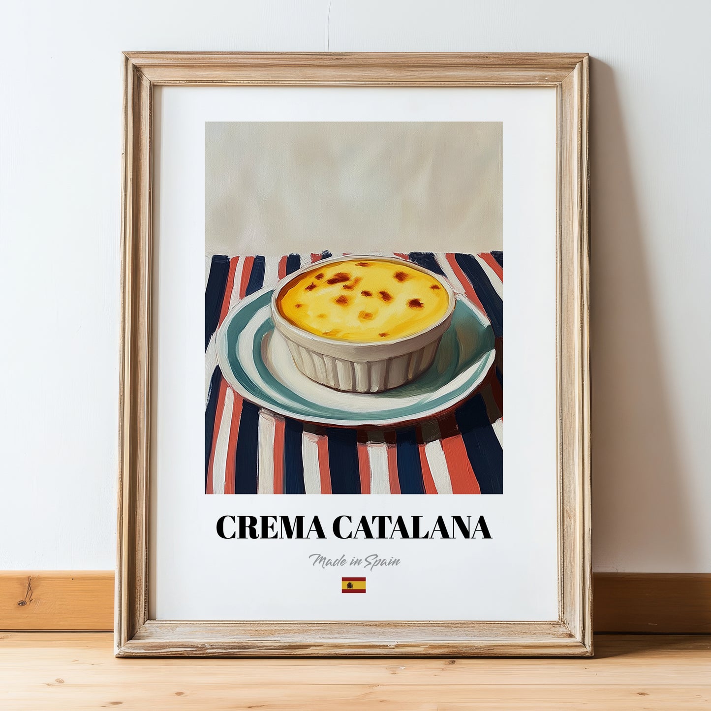Crema Catalana – on Striped Tablecloth, Spanish Dessert Wall Art, in wooden frame leaning on the floor