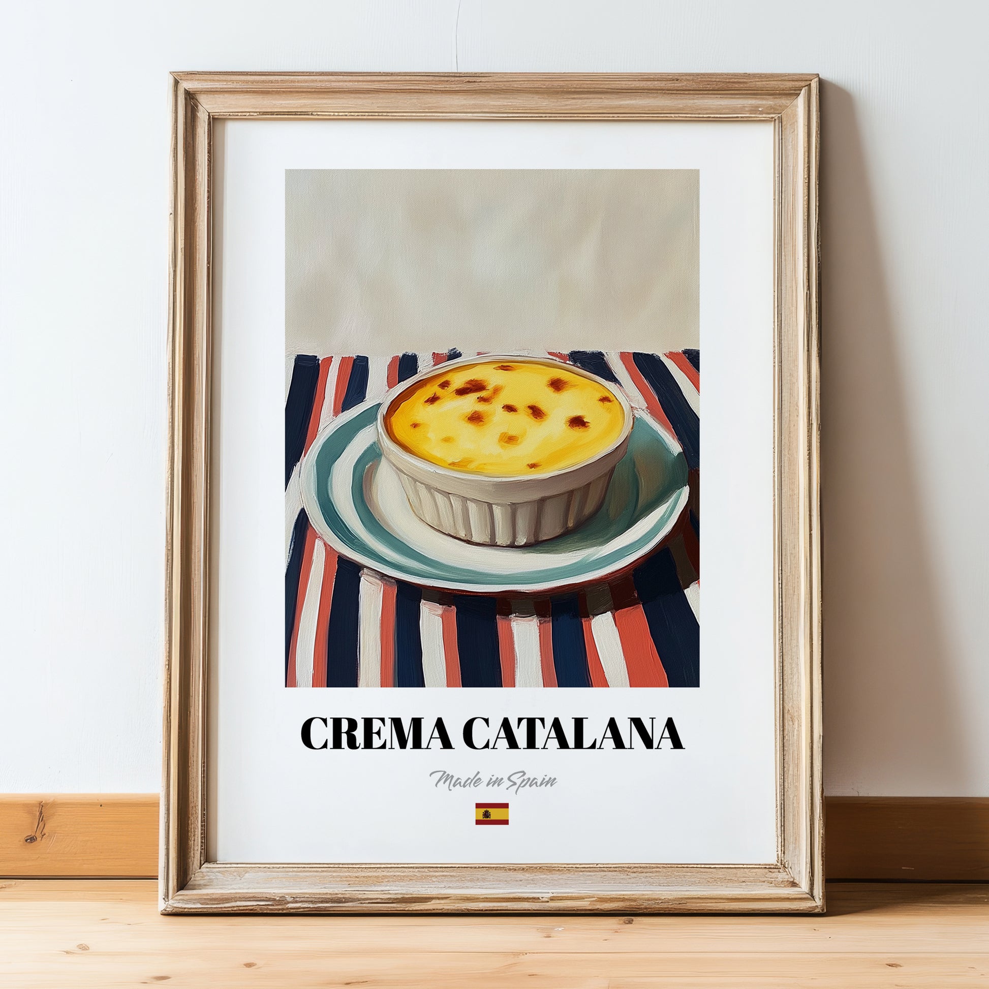 Crema Catalana – on Striped Tablecloth, Spanish Dessert Wall Art, in wooden frame leaning on the floor