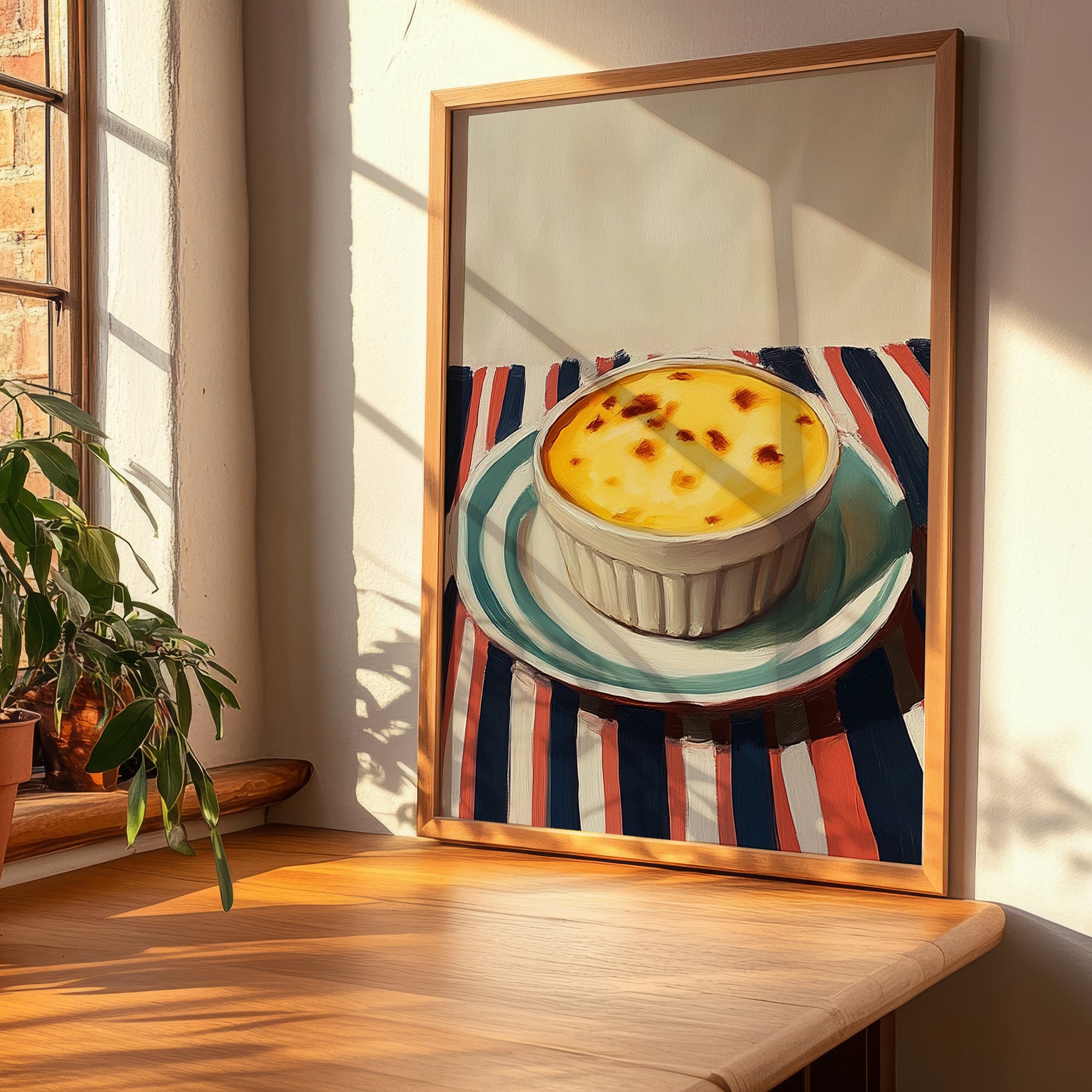 Crema Catalana – on Striped Tablecloth, Spanish Dessert Wall Art, clean layout with no caption