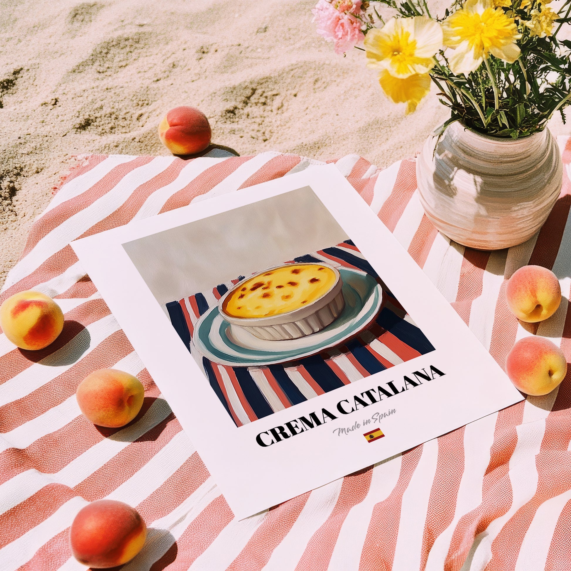 Crema Catalana – on Striped Tablecloth, Spanish Dessert Wall Art, unframed on coastal sand