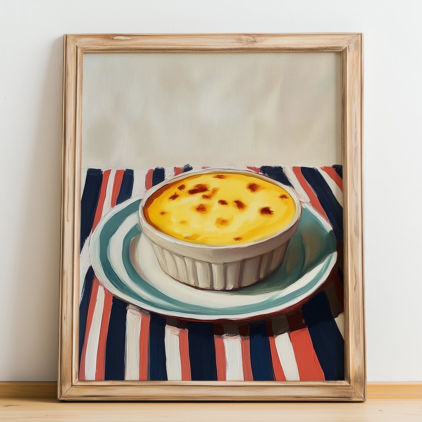 Crema Catalana – on Striped Tablecloth, Spanish Dessert Wall Art, no-text version framed in wood
