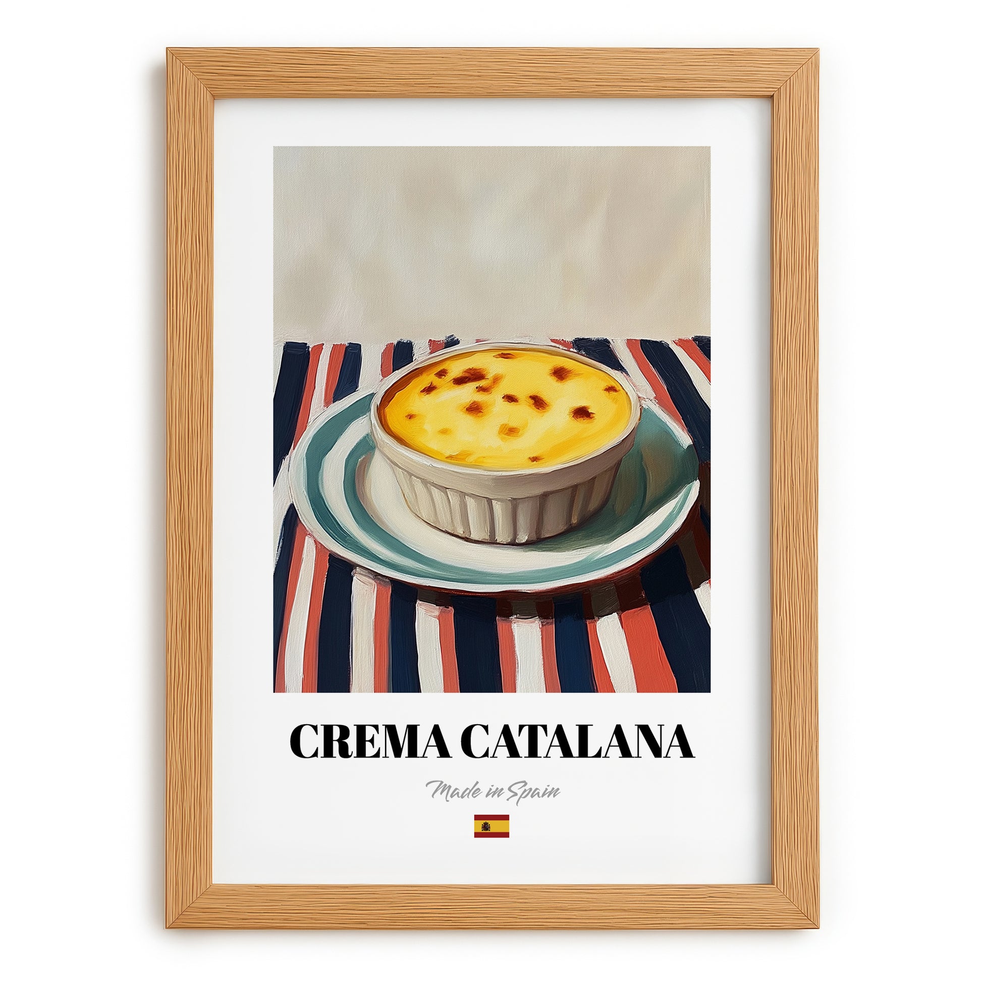 Crema Catalana – on Striped Tablecloth, Spanish Dessert Wall Art, set in oak frame