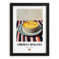 Crema Catalana – on Striped Tablecloth, Spanish Dessert Wall Art, in sleek black frame