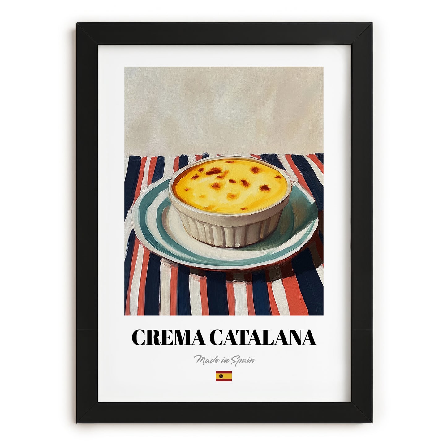 Crema Catalana – on Striped Tablecloth, Spanish Dessert Wall Art, in sleek black frame