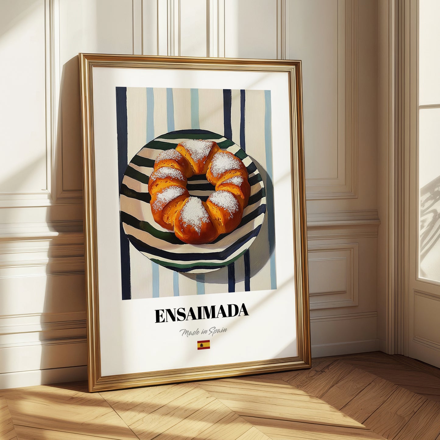 Ensaimada – on Striped Tablecloth, Spanish Pastry Illustration 
