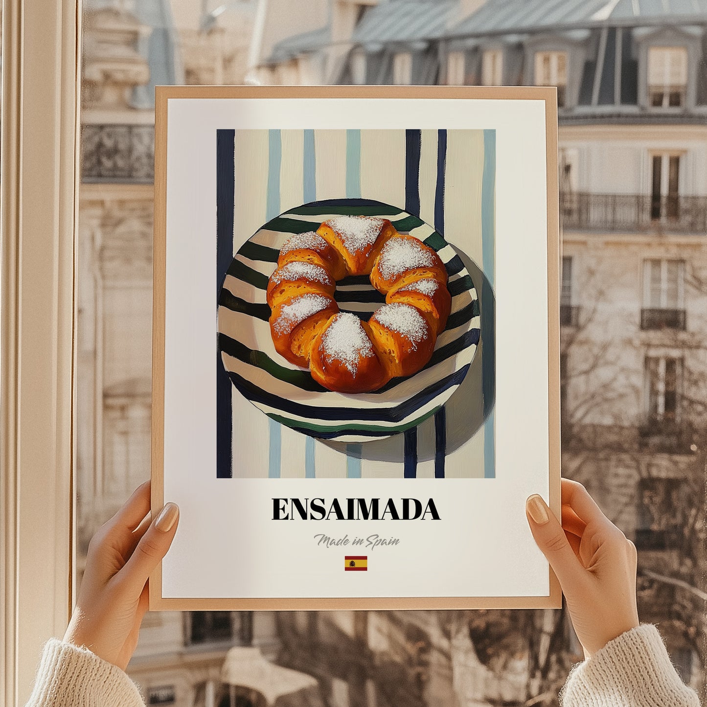 Ensaimada – on Striped Tablecloth, Spanish Pastry Illustration, styled in a charming Paris street view
