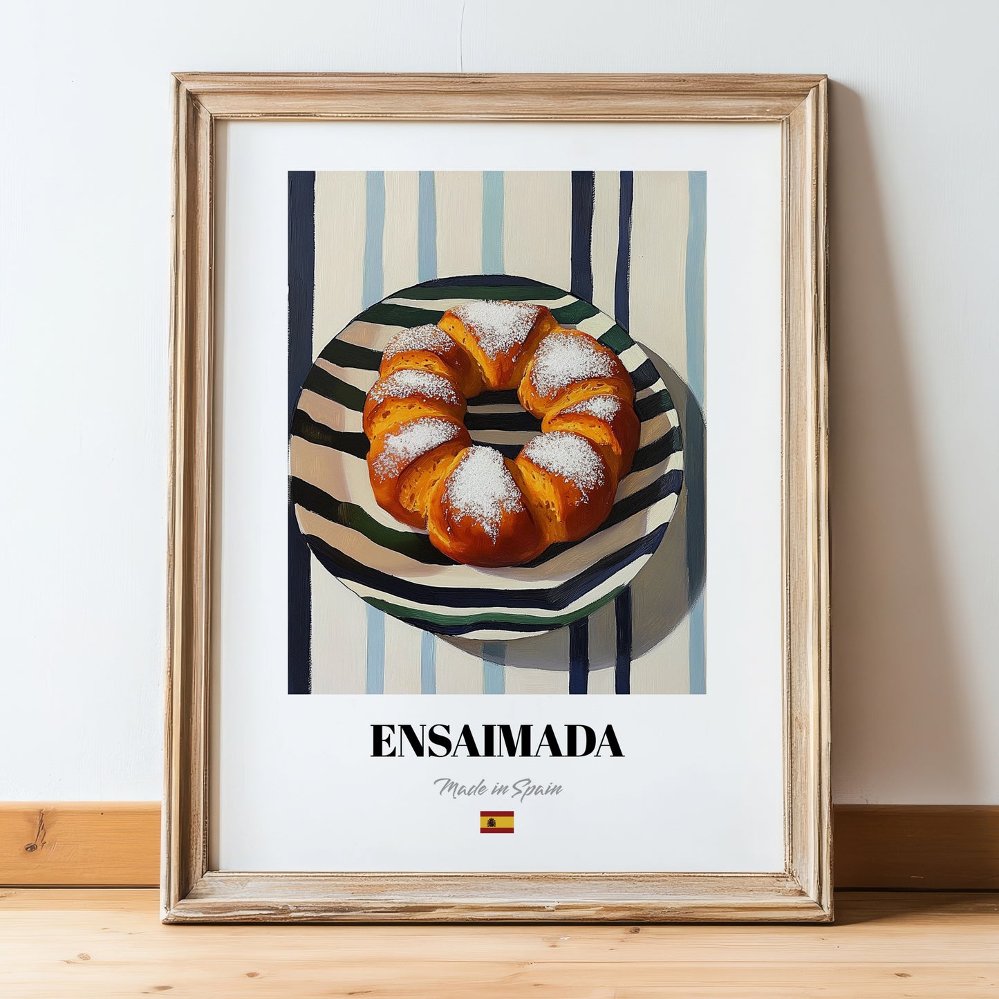 Ensaimada – on Striped Tablecloth, Spanish Pastry Illustration, in wooden frame leaning on the floor