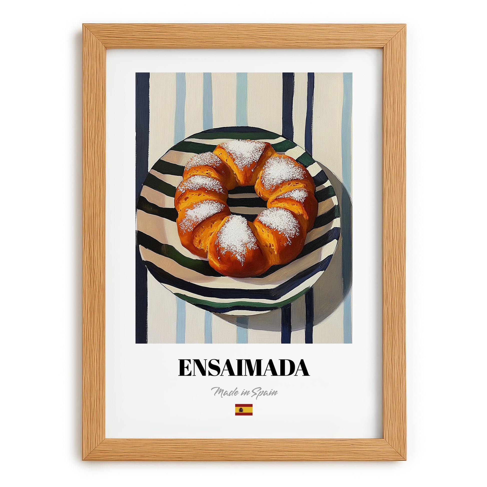 Ensaimada – on Striped Tablecloth, Spanish Pastry Illustration, set in oak frame