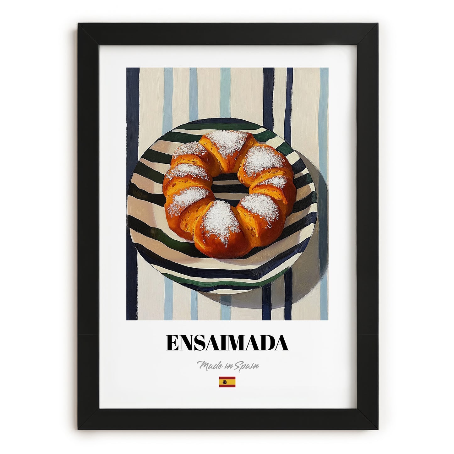 Ensaimada – on Striped Tablecloth, Spanish Pastry Illustration, in sleek black frame