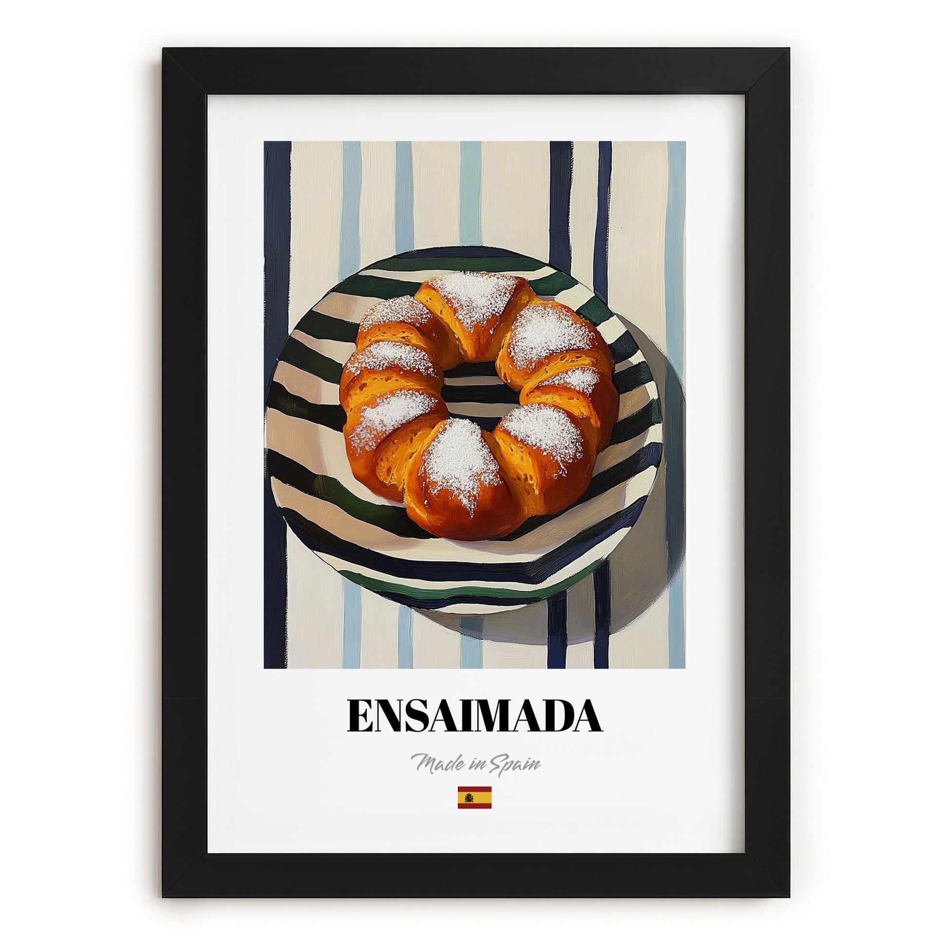 Ensaimada – on Striped Tablecloth, Spanish Pastry Illustration, in sleek black frame