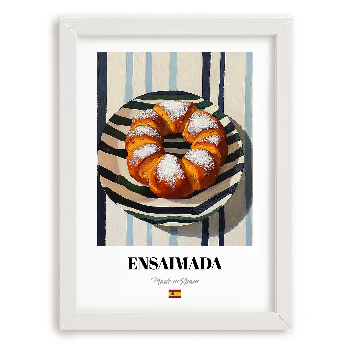 Ensaimada – on Striped Tablecloth, Spanish Pastry Illustration, placed in minimal white frame