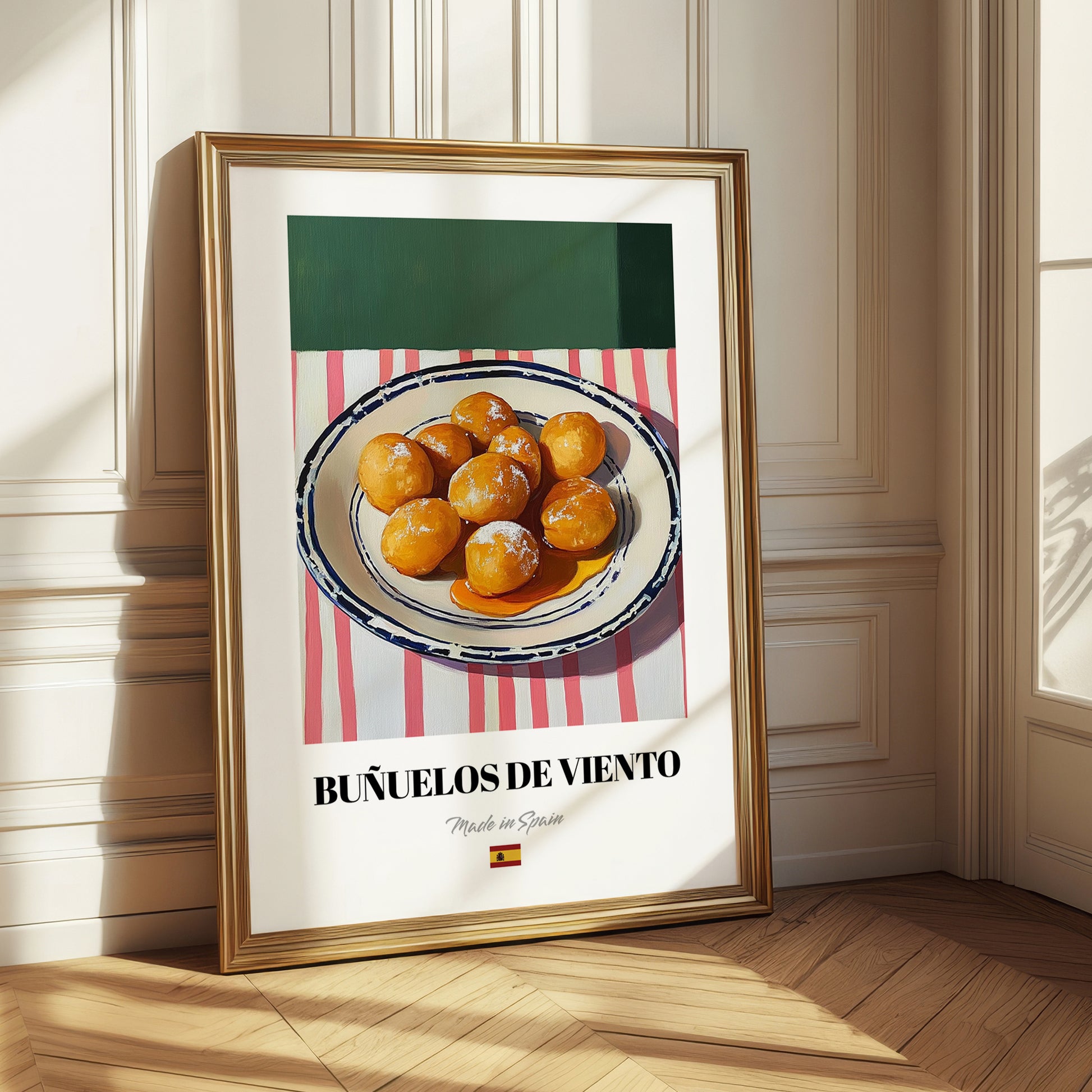 Buñuelos de Viento – on Striped Tablecloth, Spanish Dessert Still Life 