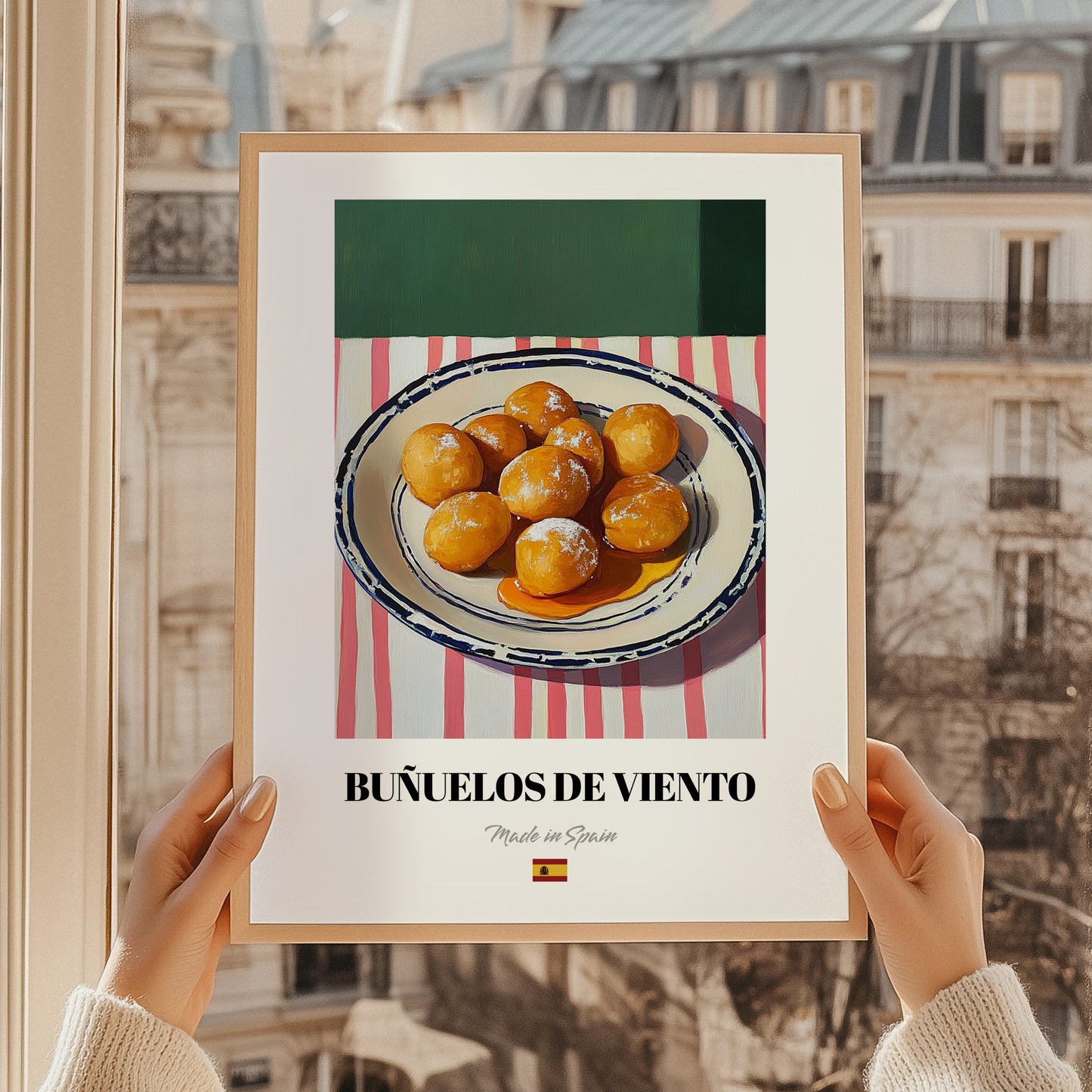 Buñuelos de Viento – on Striped Tablecloth, Spanish Dessert Still Life, styled in a charming Paris street view