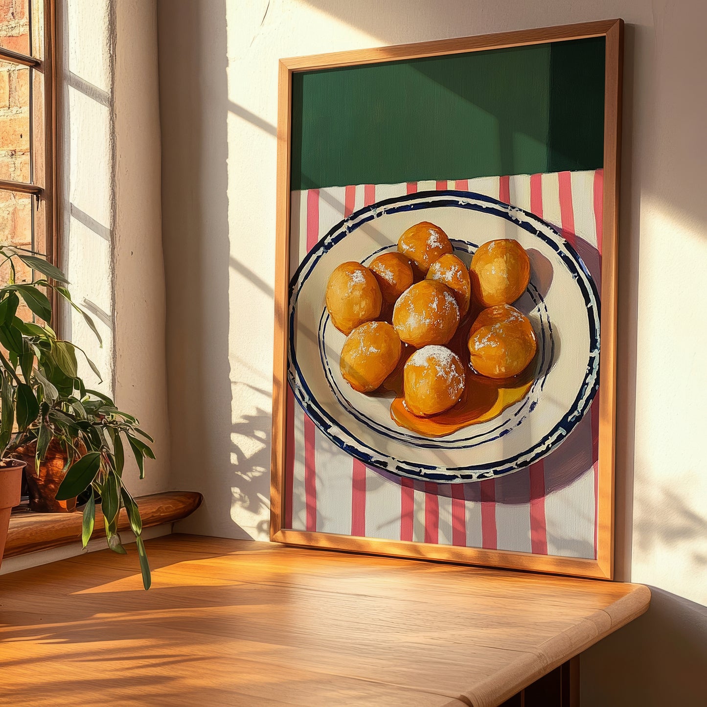 Buñuelos de Viento – on Striped Tablecloth, Spanish Dessert Still Life, clean layout with no caption