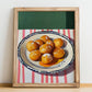 Buñuelos de Viento – on Striped Tablecloth, Spanish Dessert Still Life, no-text version framed in wood