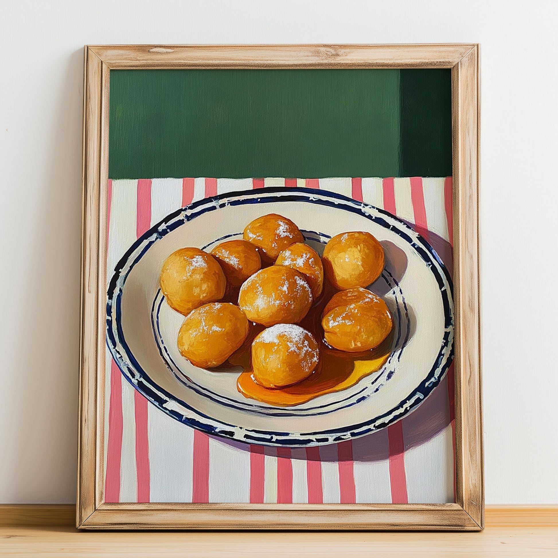 Buñuelos de Viento – on Striped Tablecloth, Spanish Dessert Still Life, no-text version framed in wood