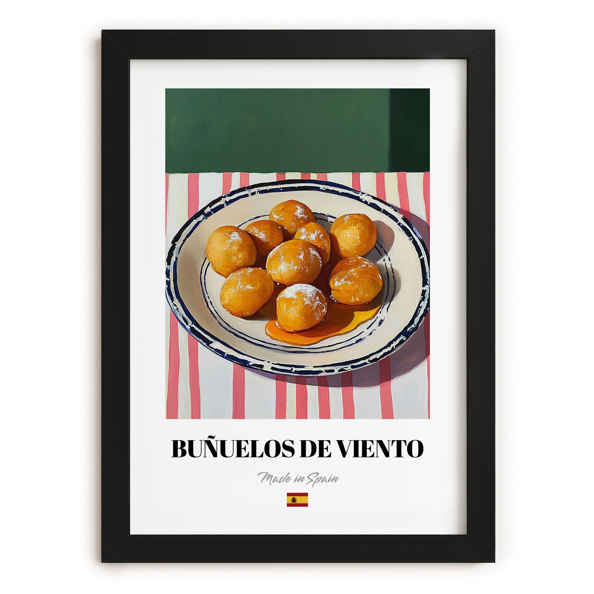 Buñuelos de Viento – on Striped Tablecloth, Spanish Dessert Still Life, in sleek black frame