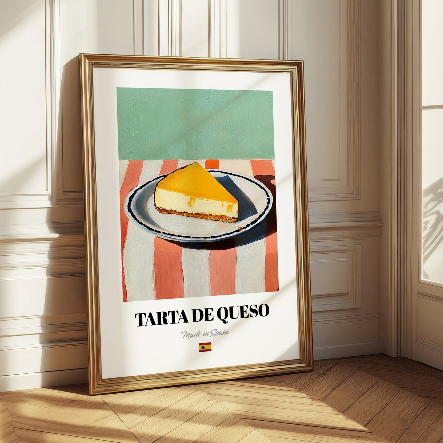 Tarta de Queso (Basque Cheesecake) – on Striped Tablecloth, Spanish Dessert Wall Decor 