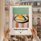 Tarta de Queso (Basque Cheesecake) – on Striped Tablecloth, Spanish Dessert Wall Decor, styled in a charming Paris street view