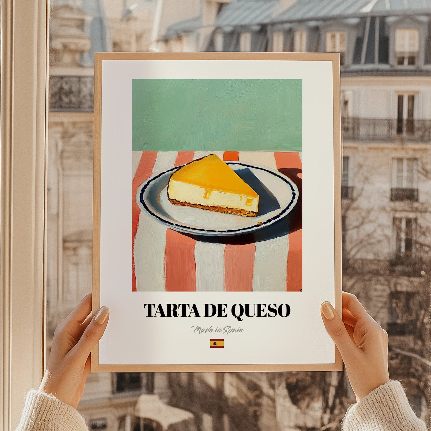 Tarta de Queso (Basque Cheesecake) – on Striped Tablecloth, Spanish Dessert Wall Decor, styled in a charming Paris street view