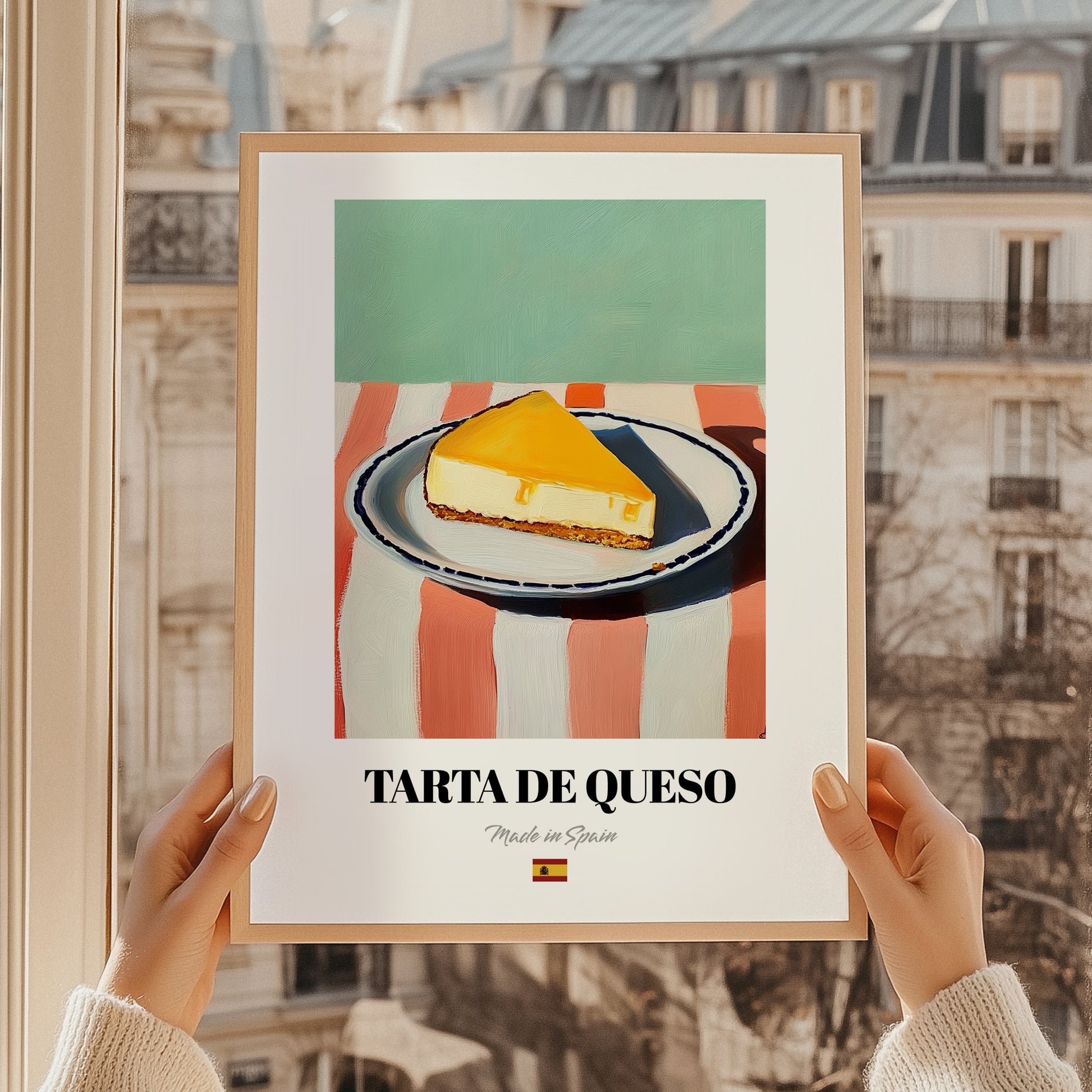 Tarta de Queso (Basque Cheesecake) – on Striped Tablecloth, Spanish Dessert Wall Decor, styled in a charming Paris street view