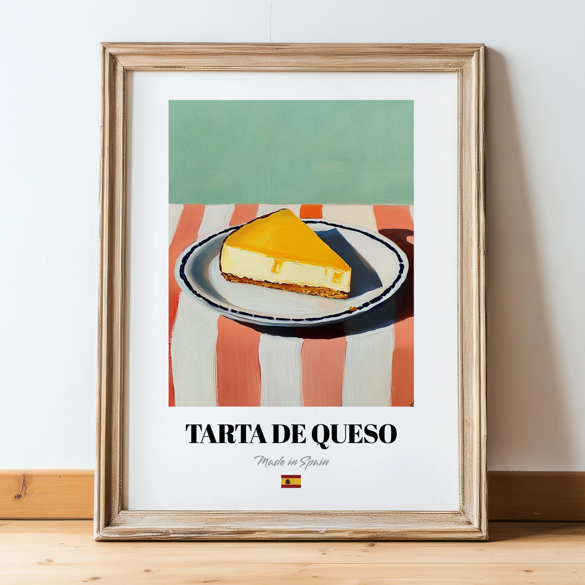 Tarta de Queso (Basque Cheesecake) – on Striped Tablecloth, Spanish Dessert Wall Decor, in wooden frame leaning on the floor