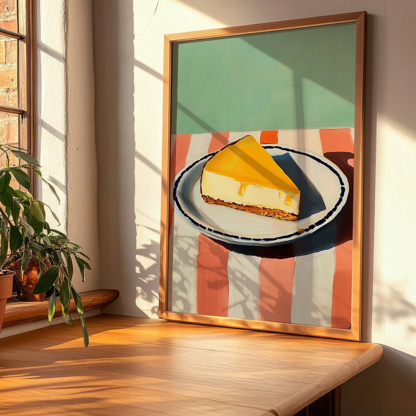 Tarta de Queso (Basque Cheesecake) – on Striped Tablecloth, Spanish Dessert Wall Decor, clean layout with no caption