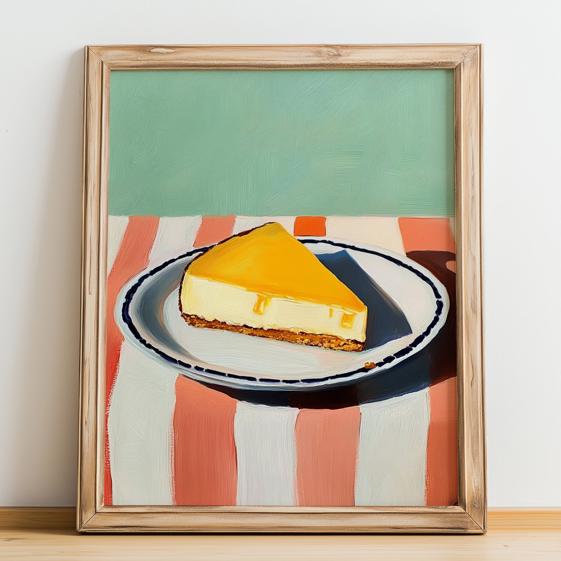Tarta de Queso (Basque Cheesecake) – on Striped Tablecloth, Spanish Dessert Wall Decor, no-text version framed in wood