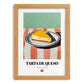 Tarta de Queso (Basque Cheesecake) – on Striped Tablecloth, Spanish Dessert Wall Decor, set in oak frame
