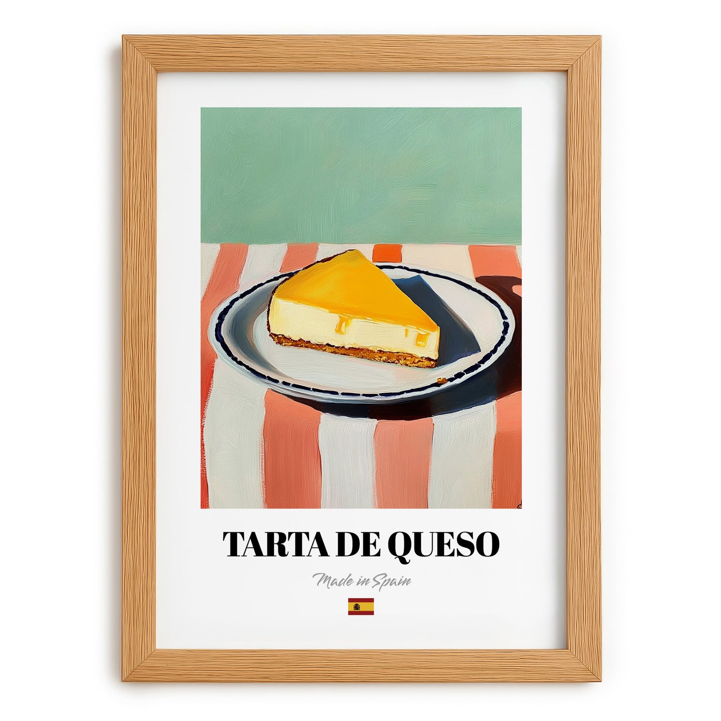 Tarta de Queso (Basque Cheesecake) – on Striped Tablecloth, Spanish Dessert Wall Decor, set in oak frame