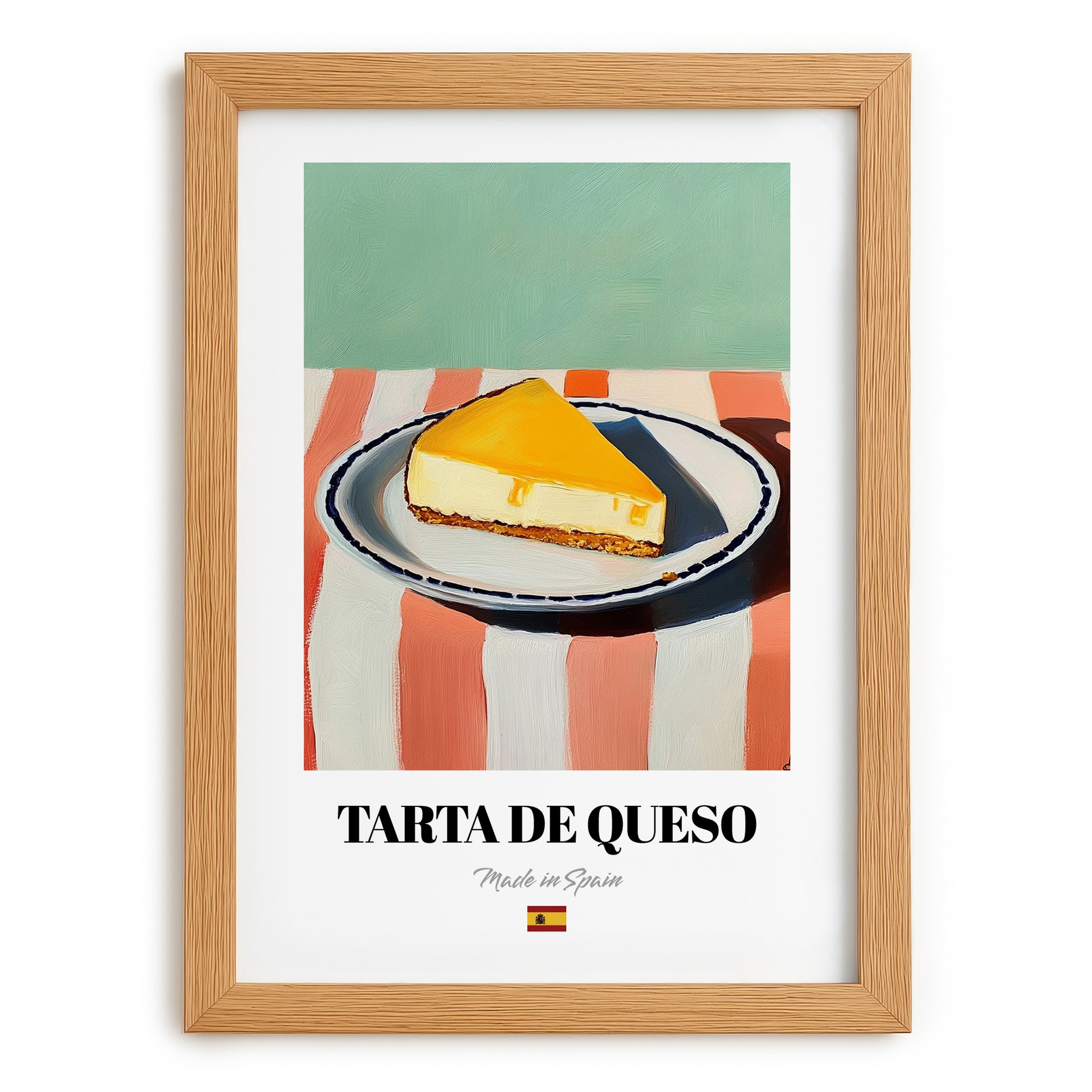 Tarta de Queso (Basque Cheesecake) – on Striped Tablecloth, Spanish Dessert Wall Decor, set in oak frame