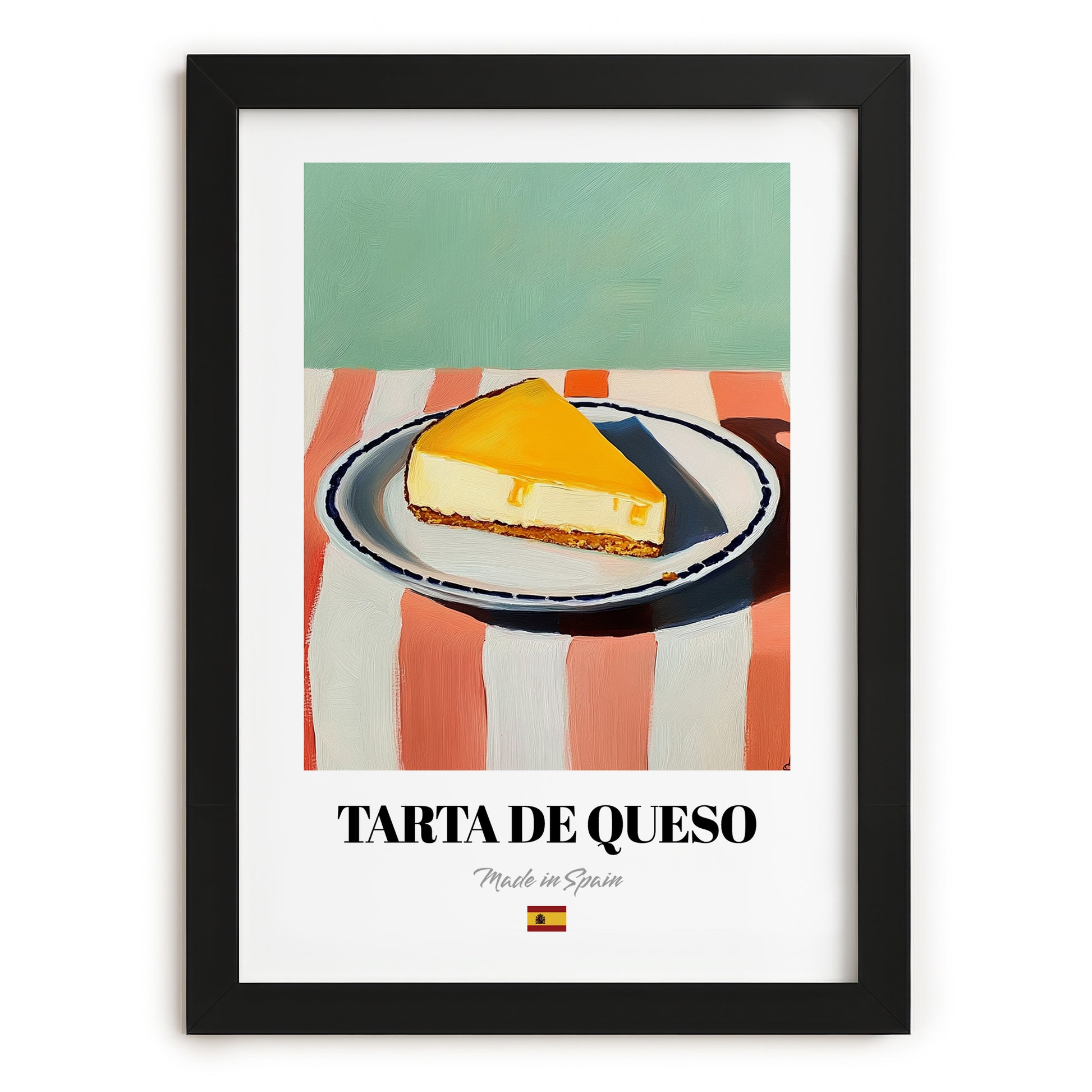 Tarta de Queso (Basque Cheesecake) – on Striped Tablecloth, Spanish Dessert Wall Decor, in sleek black frame