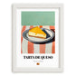 Tarta de Queso (Basque Cheesecake) – on Striped Tablecloth, Spanish Dessert Wall Decor, placed in minimal white frame