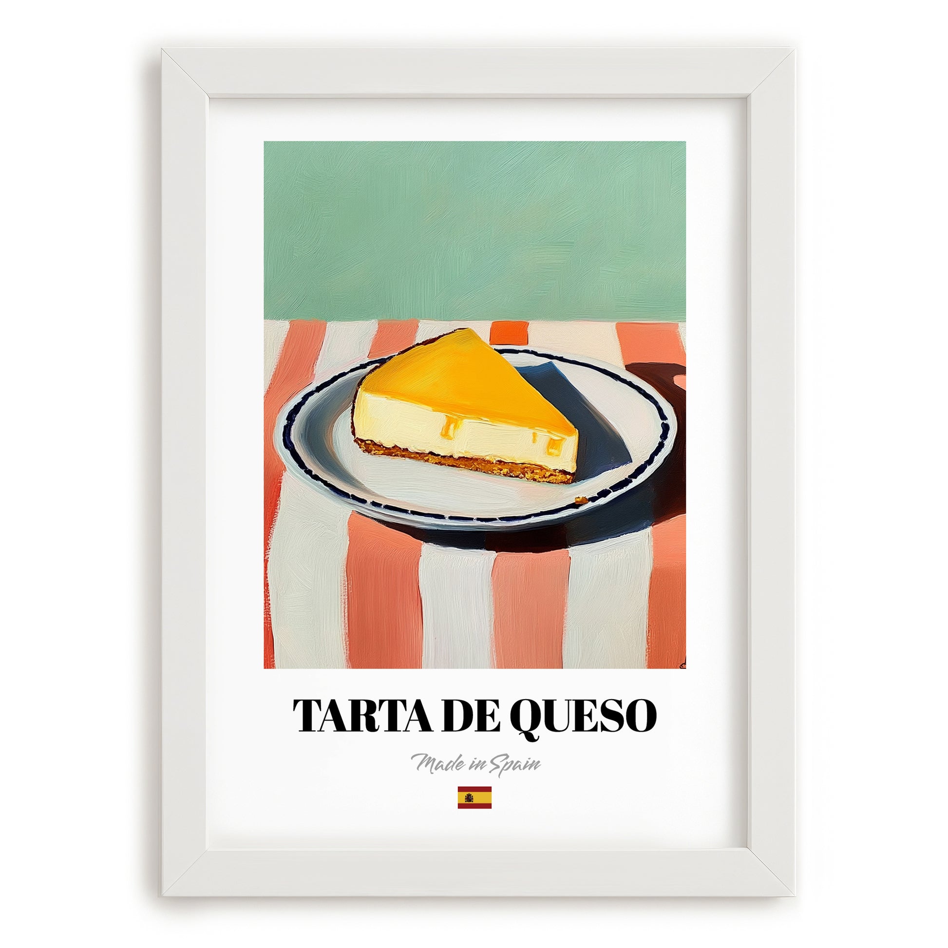 Tarta de Queso (Basque Cheesecake) – on Striped Tablecloth, Spanish Dessert Wall Decor, placed in minimal white frame