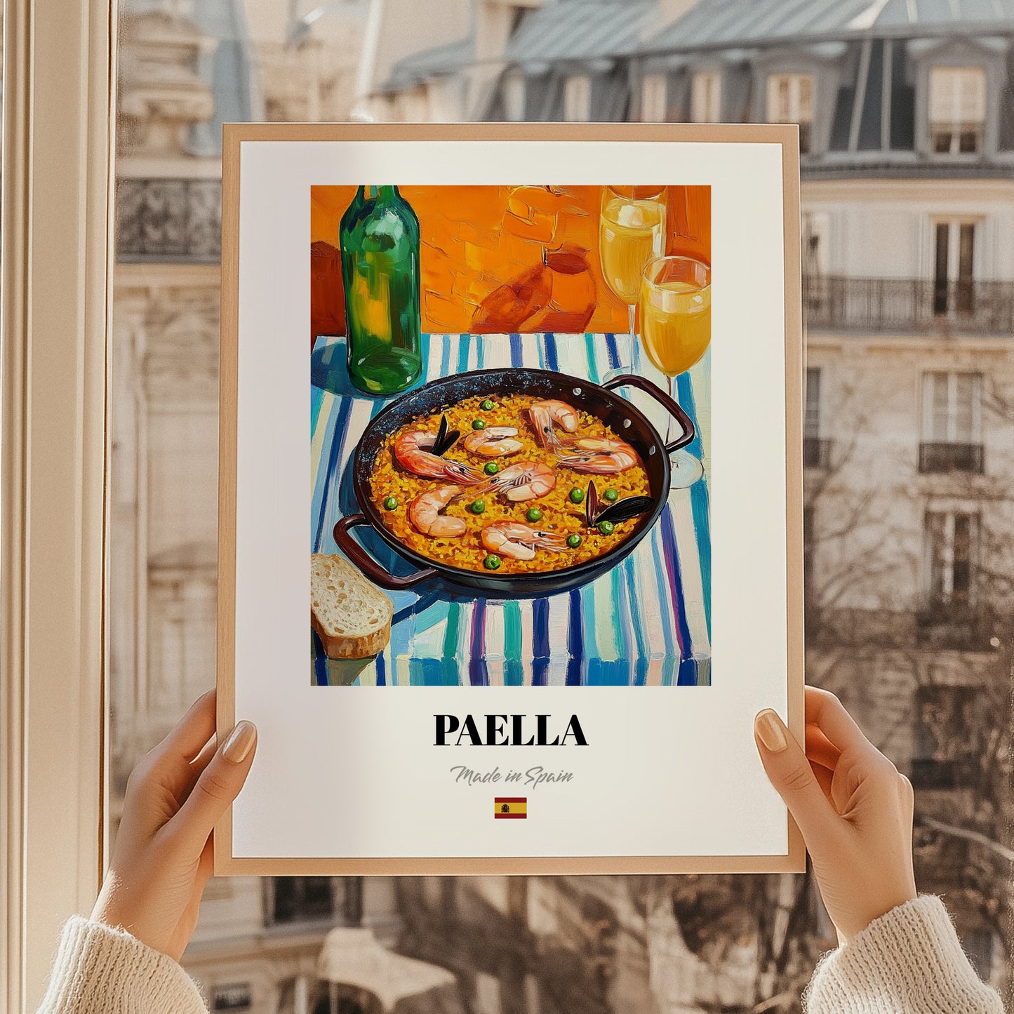 Paella – Colorful Oil Painting, Spanish Food Poster, styled in a charming Paris street view