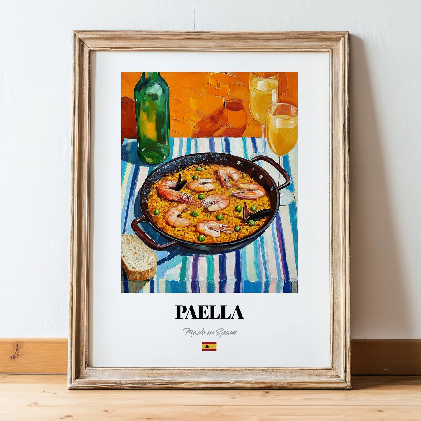 Paella – Colorful Oil Painting, Spanish Food Poster, in wooden frame leaning on the floor