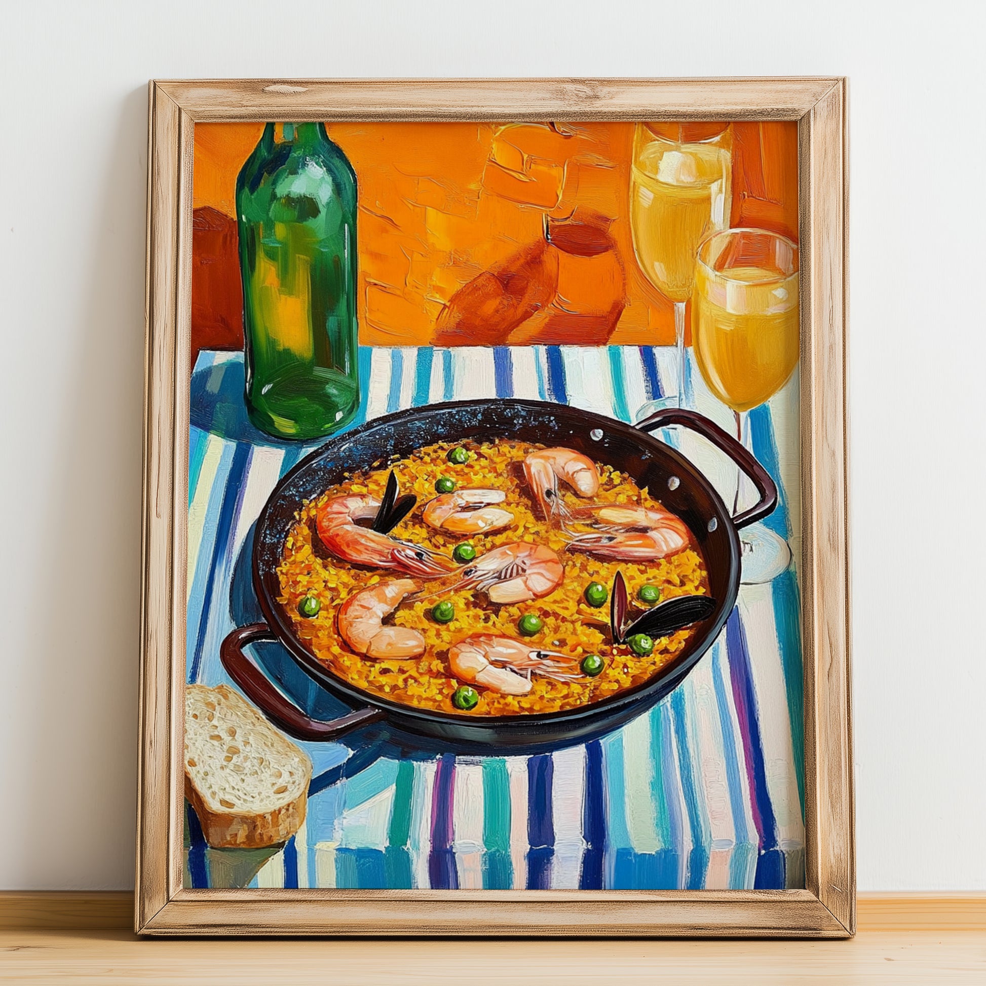 Paella – Colorful Oil Painting, Spanish Food Poster, no-text version framed in wood