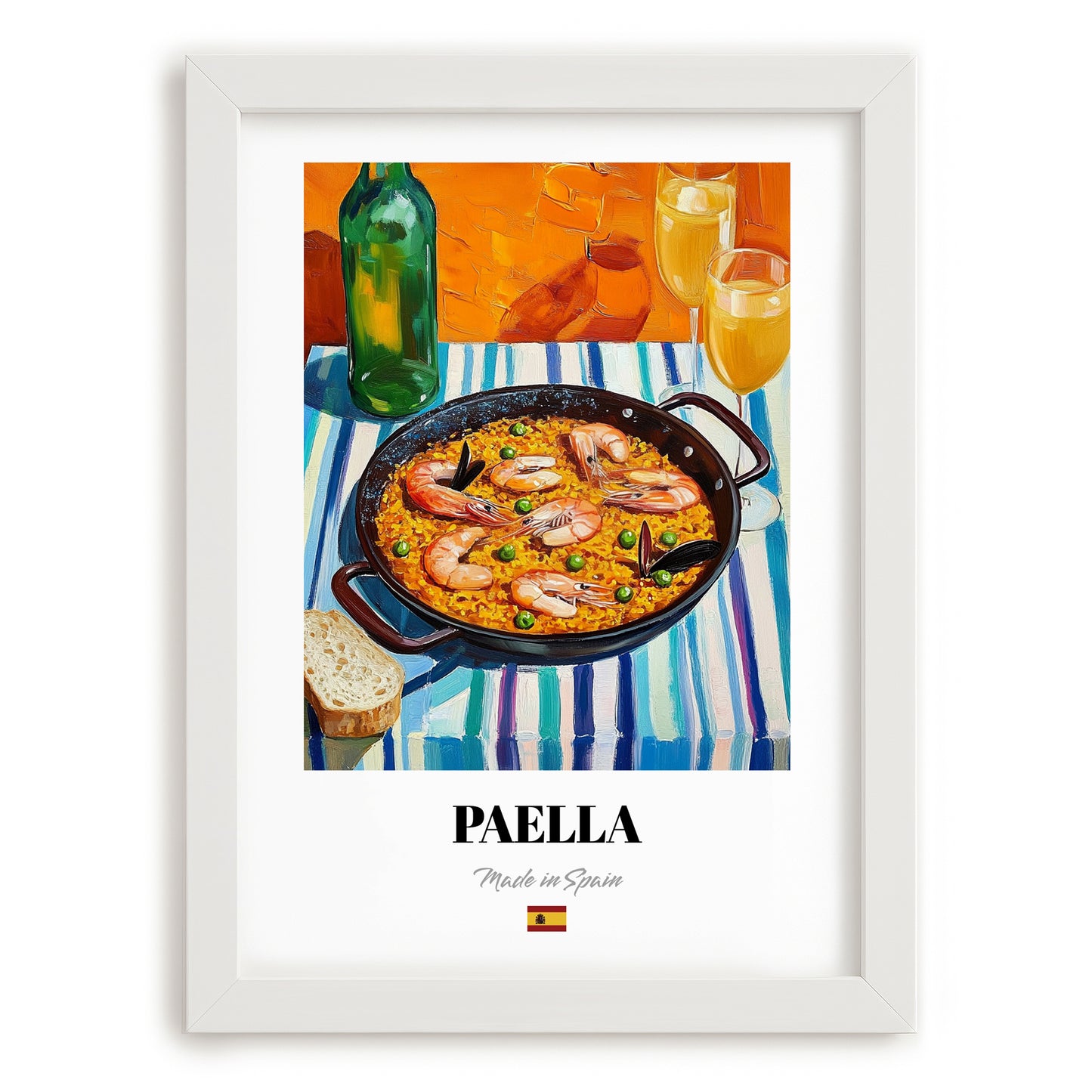 Paella – Colorful Oil Painting, Spanish Food Poster, placed in minimal white frame