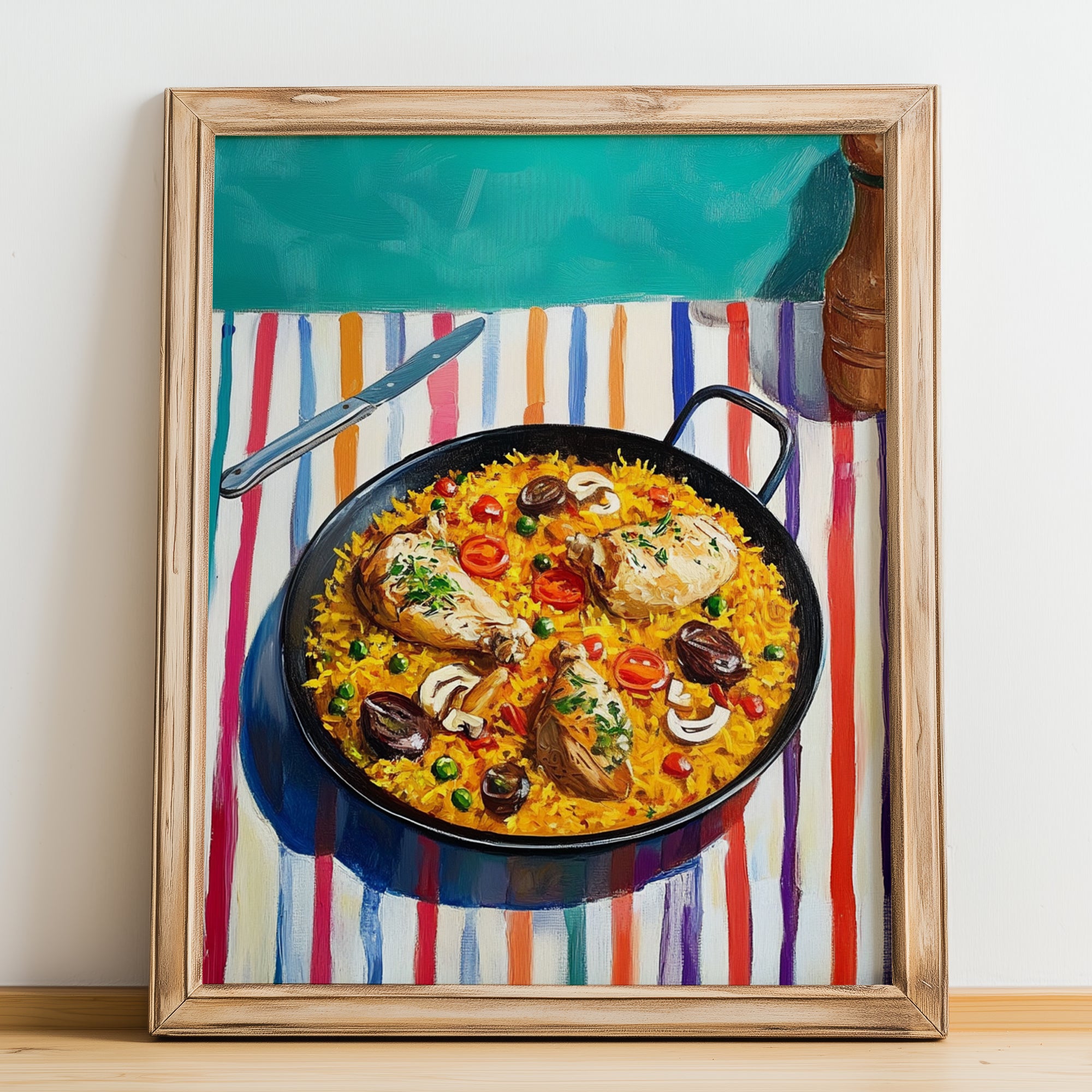 Paella Valenciana – on Striped Tablecloth, Spanish Food Painting, no-text version framed in wood