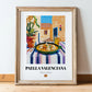 Paella Valenciana  Valencian Village Street Café Scene, Spanish Food Still Life, in wooden frame leaning on the floor