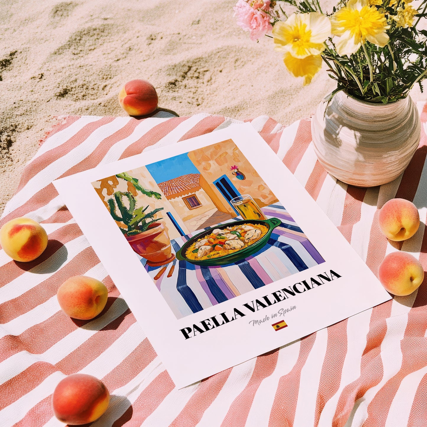 Paella Valenciana  Valencian Village Street Café Scene, Spanish Food Still Life, unframed on coastal sand