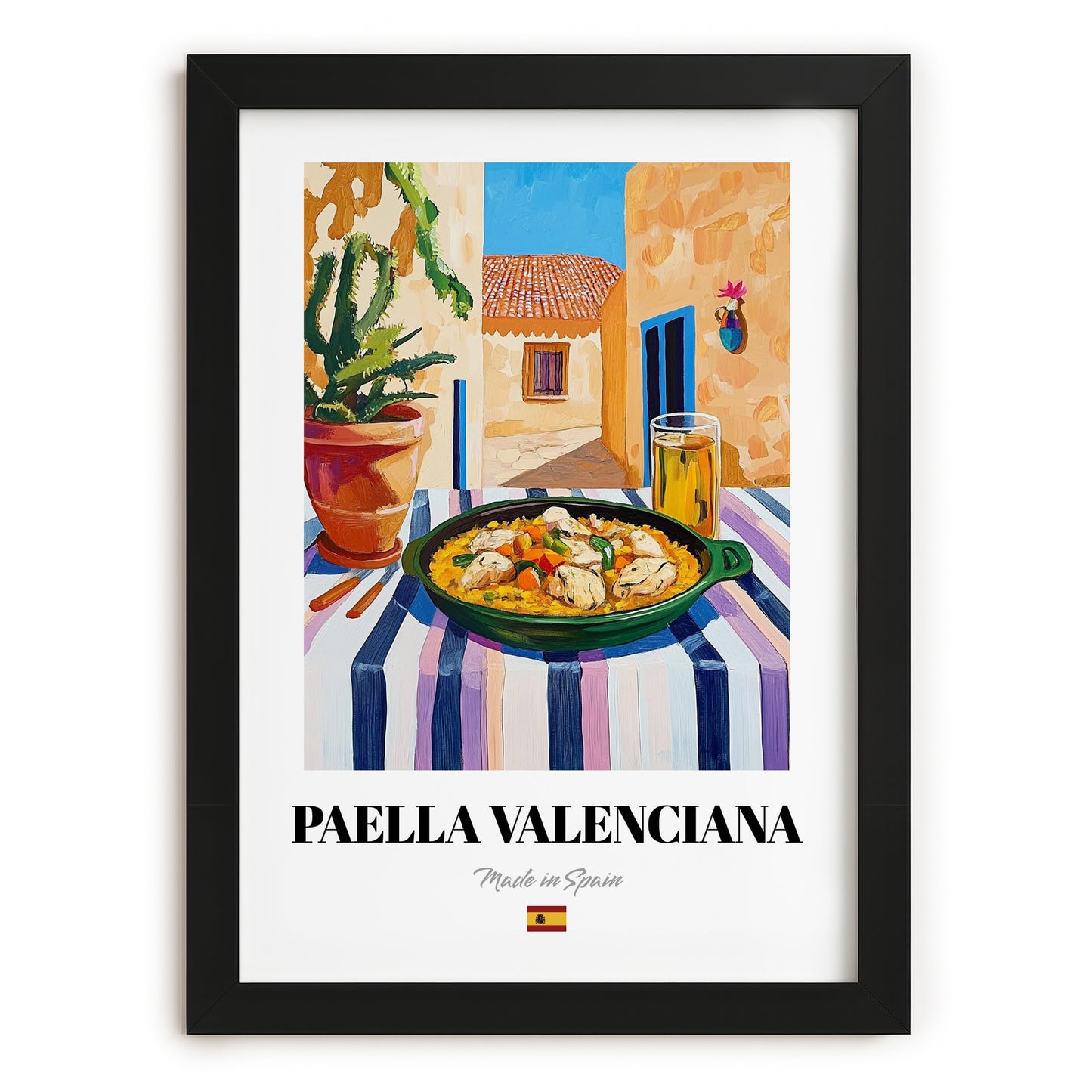 Paella Valenciana  Valencian Village Street Café Scene, Spanish Food Still Life, in sleek black frame