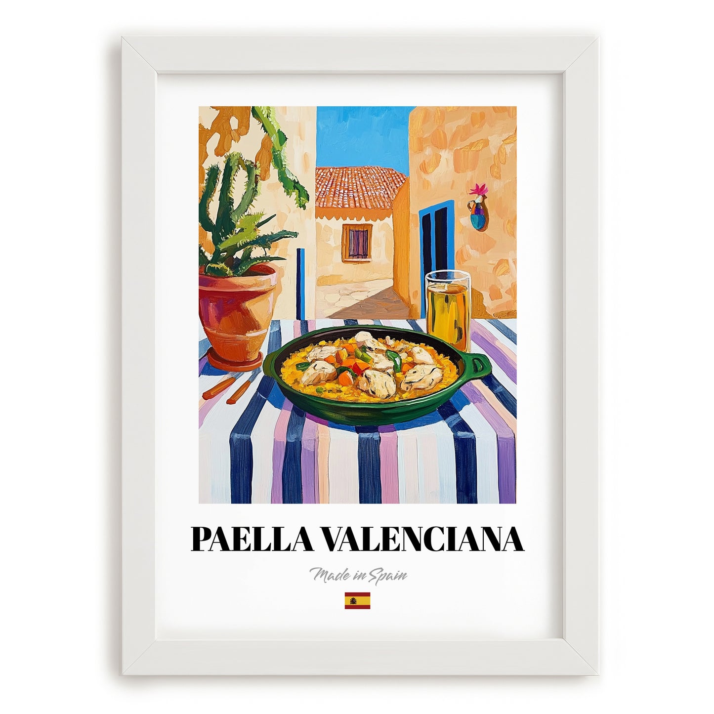 Paella Valenciana  Valencian Village Street Café Scene, Spanish Food Still Life, placed in minimal white frame