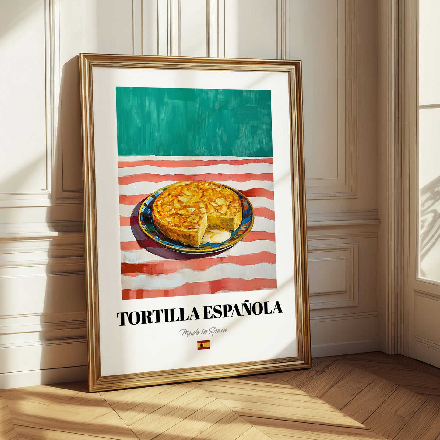 Tortilla Española – on Striped Tablecloth, Spanish Food Wall Decor